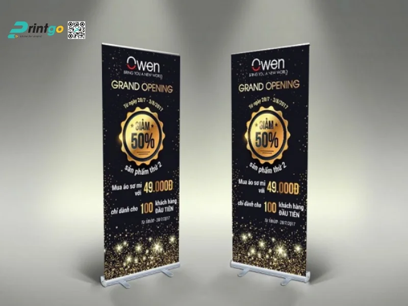 Standee khai trương chân cuốn nhôm vững chắc 