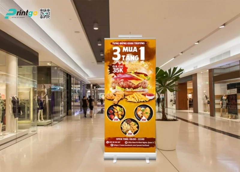 Standee khai trương chân cuốn nhôm chắc chắn 