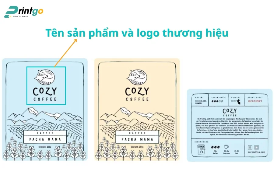 Tên và logo thương hiệu thông tin trên bao bì cà phê