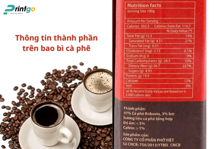 Thông tin trên bao bì cà phê về bảng thành phần
