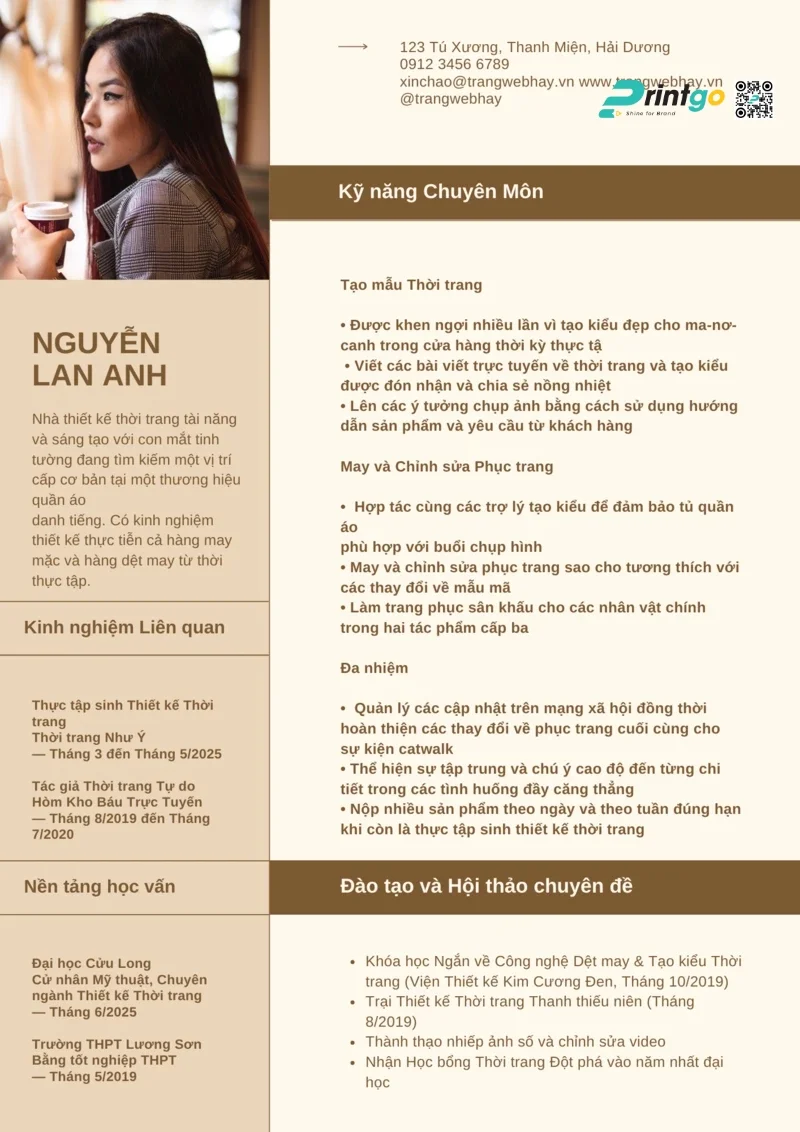 Mẫu profile cá nhân ứng tuyển ngành thiết kế thời trang 