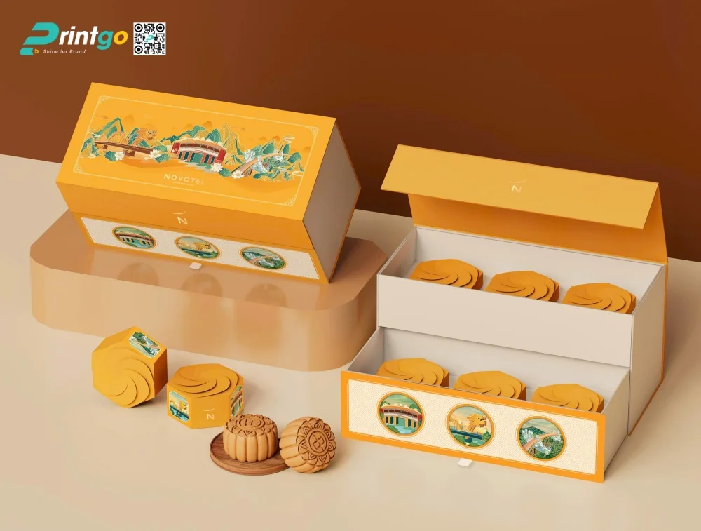 Cả hai mẫu hộp bánh trung thu Novotel 2025 đều sử dụng quy cách hộp bánh trung thu 2 tầng độc đáo