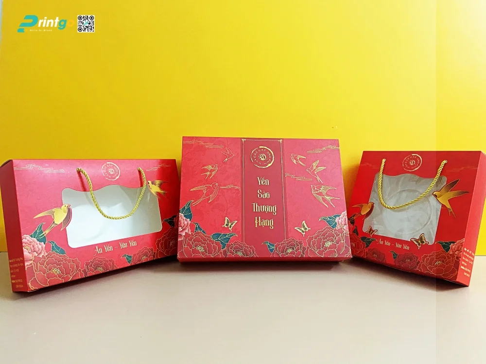 Thiết kế hộp đựng yến Cát Cát Anh lấy sắc đỏ làm chủ đạo