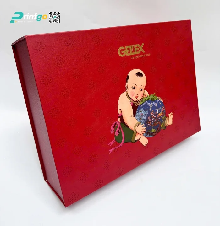 Dự án hộp đựng quà tết sử dụng gia công cán vân trên giấy của Printgo