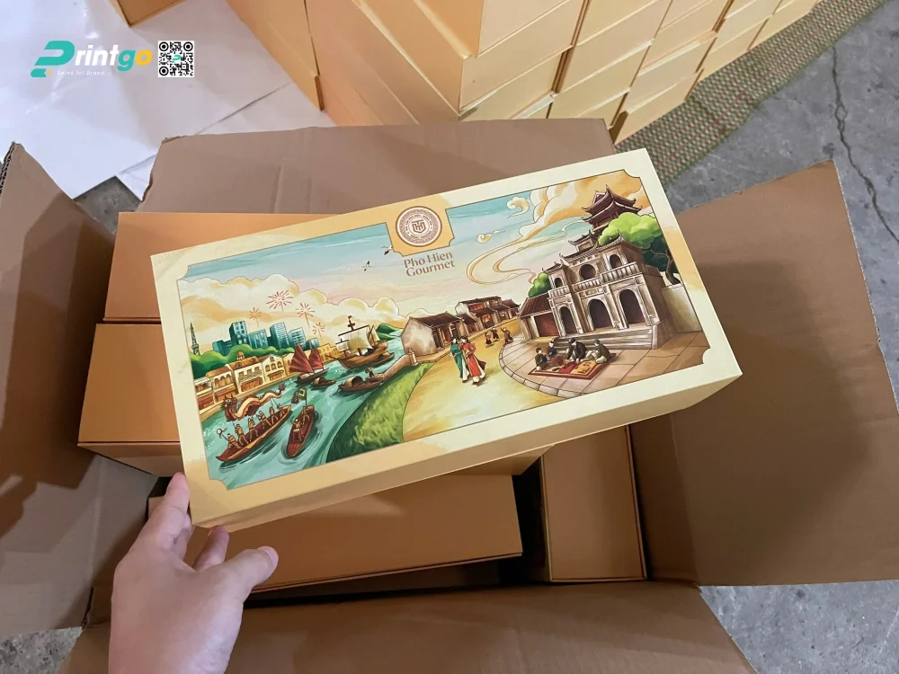 Hộp quà đặc sản Hằng Thưởng – Phố Hiến Gourmet sử dụng giấy carton lạnh bồi couches