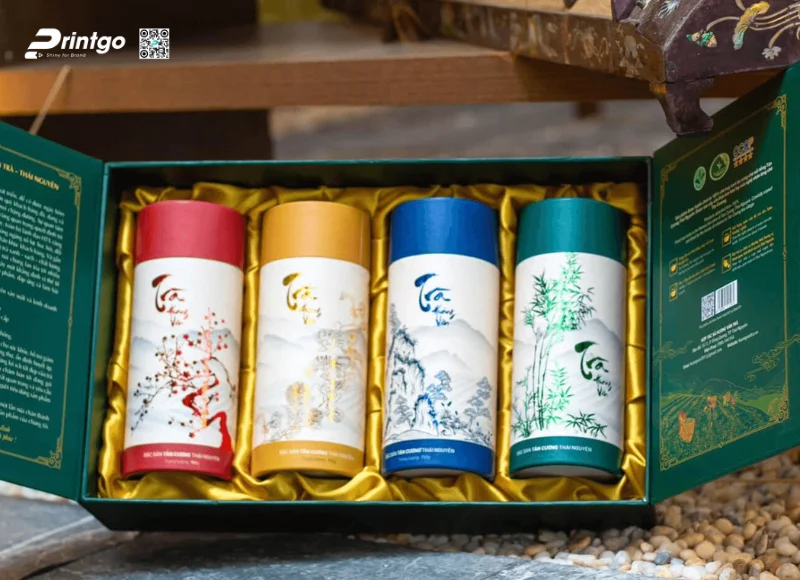 Hộp cứng gồm 4 hộp trụ tròn đựng chè Hương Vân Trà