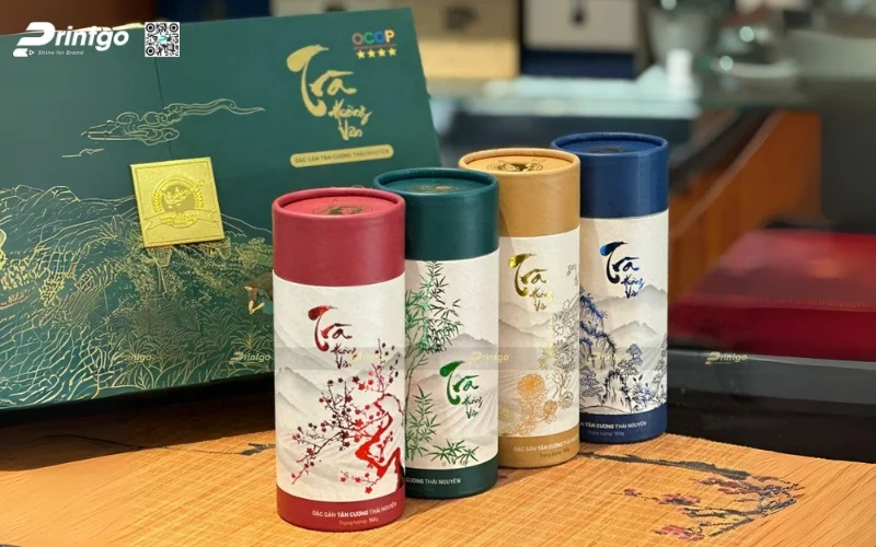 Mẫu bao bì trà xanh xuất khẩu dạng hộp trụ tròn Mẫu bao bì trà xanh xuất khẩu dạng hộp trụ tròn
