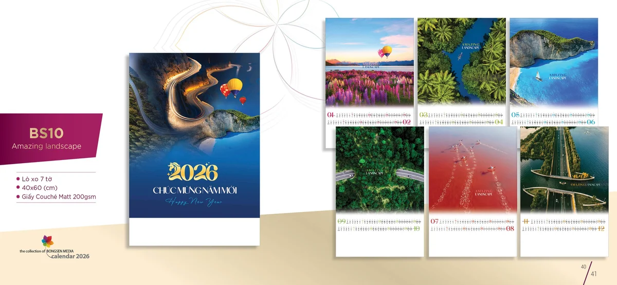 Bộ sưu tập lịch tết Bông Sen 2026 dạng lịch lò xo 7 tờ