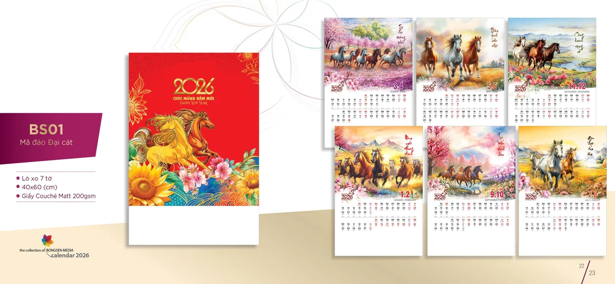 Mẫu lịch tết Bông Sen 2026 dạng lịch lò xo 7 tờ