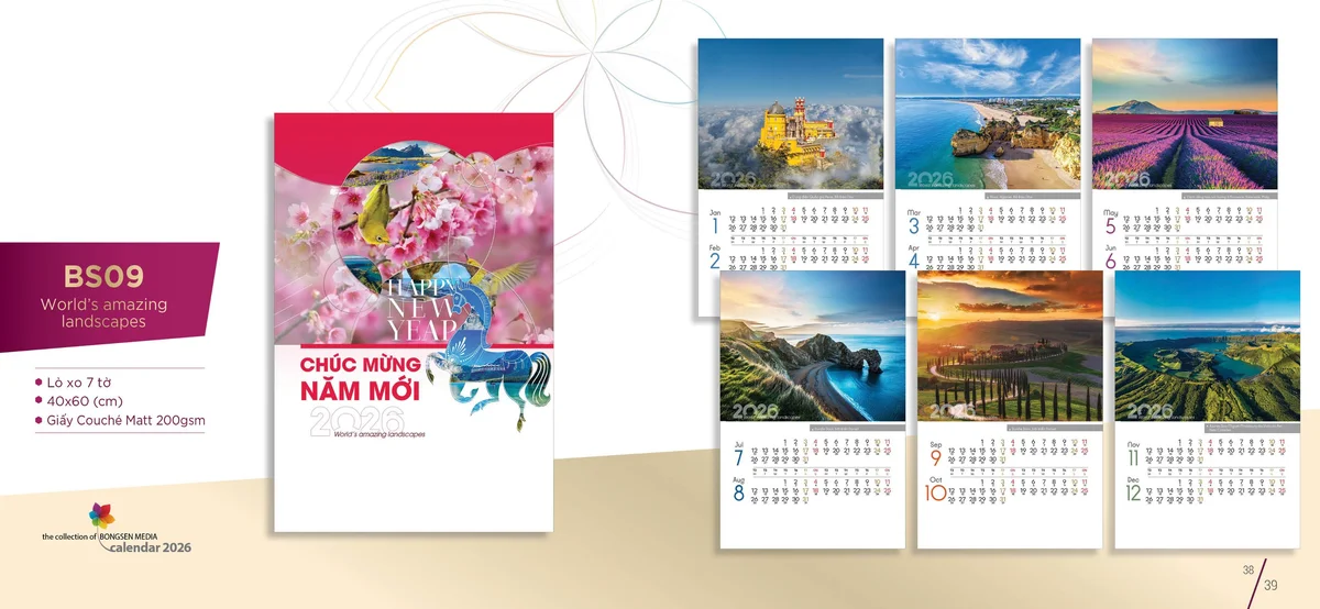 Bộ sưu tập lịch tết Bông Sen 2026 dạng lịch lò xo 7 tờ