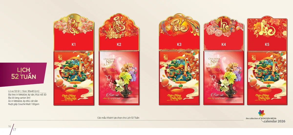 Mẫu lịch tết Bông Sen 2026 dạng lịch lò xo 52 tuần