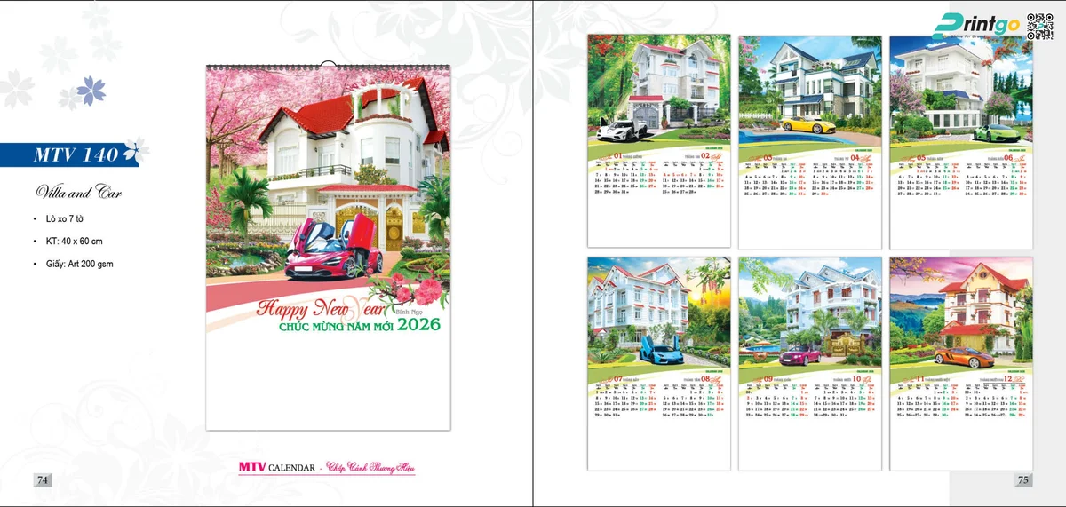 Mẫu lịch tết Mỹ Thuật Việt 2026 dạng lịch lò xo 7 tờ 