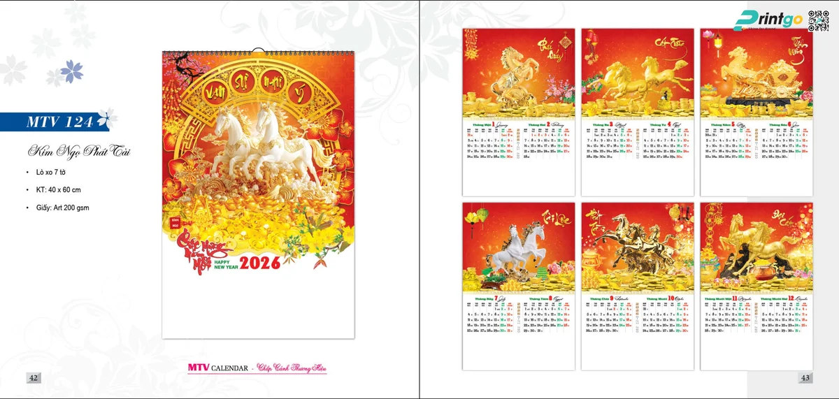 Mẫu lịch tết Mỹ Thuật Việt 2026 dạng lịch lò xo 7 tờ 
