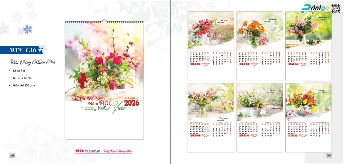 Mẫu lịch tết Mỹ Thuật Việt 2026 dạng lịch lò xo 7 tờ 
