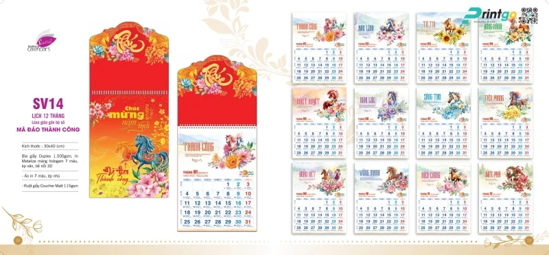 Lịch 12 tháng Sen Việt thiết kế truyền thống 