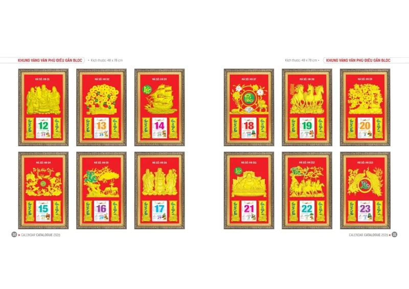 Khung vàng vân phù điêu gắn bloc Lịch tết Hoa Niên 2026