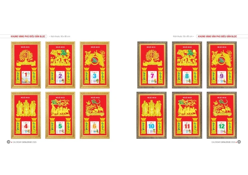 Khung vàng vân phù điêu gắn bloc Lịch tết Hoa Niên 2026