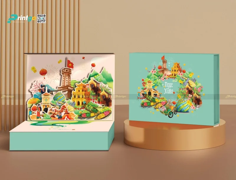Hộp quà tết Ngọc Xuân do Printgo thiết kế trong catalogue tết 2026