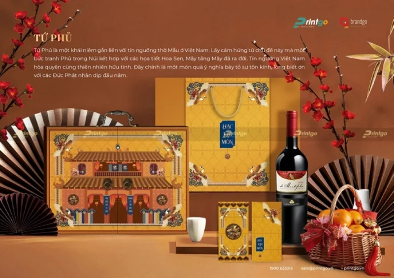 Hộp quà tết Tứ phủ do Printgo thiết kế trong catalogue tết 2026