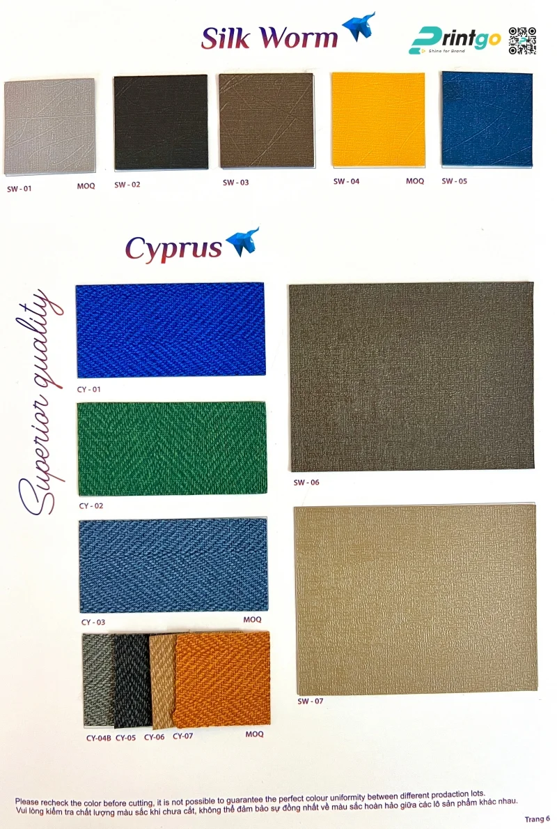 Bảng màu bìa da phổ biến hiện nay của Printgo