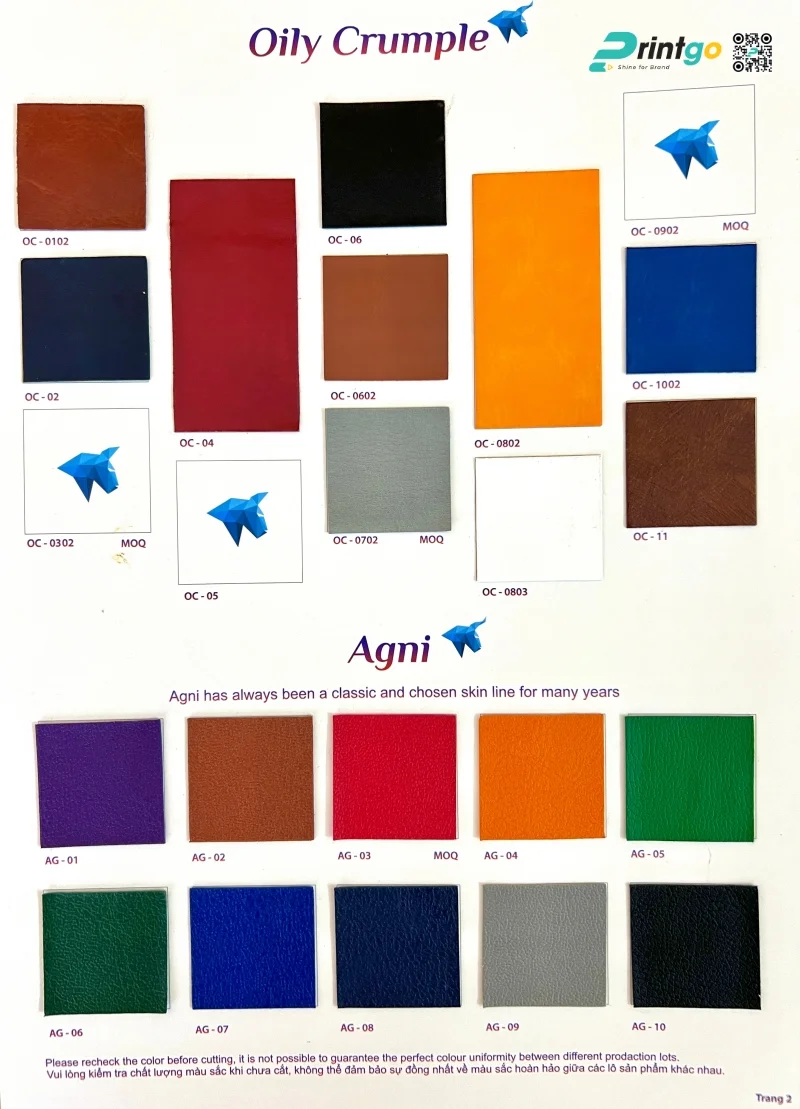Bảng màu bìa da phổ biến hiện nay của Printgo