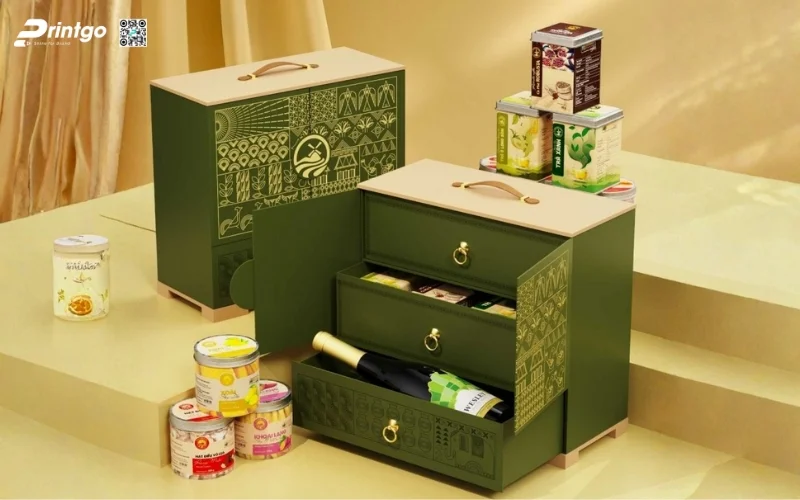 Mẫu hộp quà tết đẹp sang trọng dạng 2 tầng