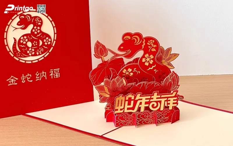 Mẫu thiệp chúc tết 3D đẹp màu đỏ may mắn