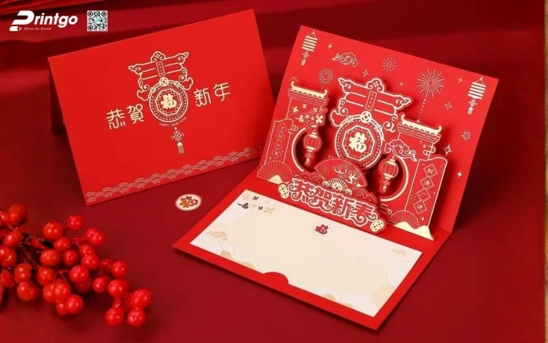 Mẫu thiệp chúc tết 3D đẹp màu đỏ may mắn