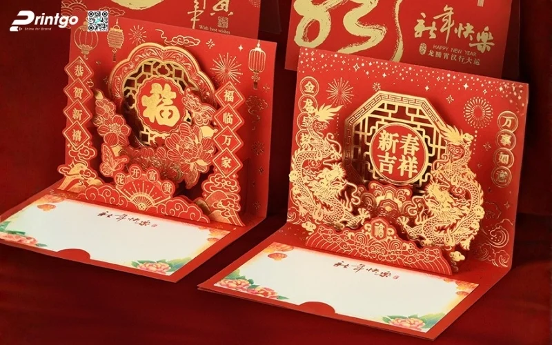 Mẫu thiệp chúc tết 3D đẹp màu đỏ may mắn