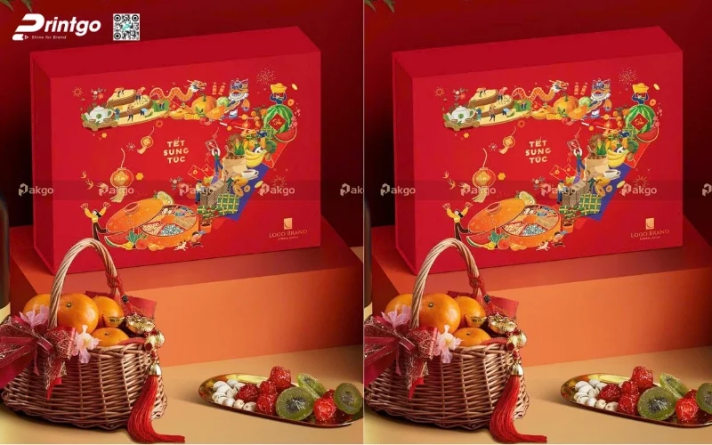 Mẫu vỏ hộp quà tết bán sẵn Sung Túc đỏ (Xuân Thịnh Vượng) 