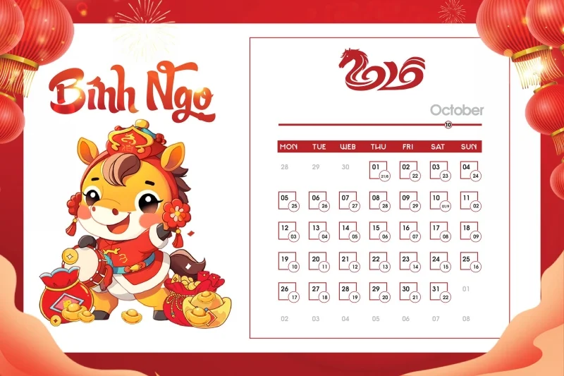 Tải ngay bộ số lịch 2026 vector ngựa dễ thương - Tháng 10