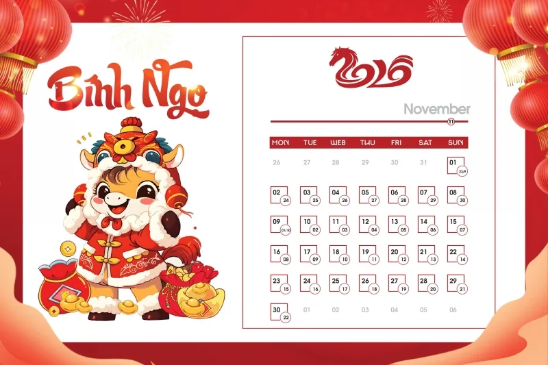 Tải ngay bộ số lịch 2026 vector ngựa dễ thương - Tháng 11