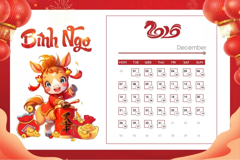 Tải ngay bộ số lịch 2026 vector ngựa dễ thương - Tháng 12