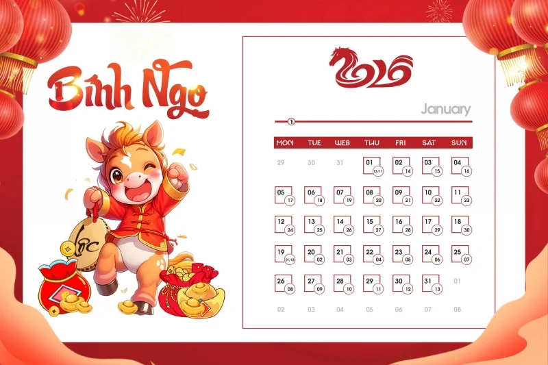 Tải ngay bộ số lịch 2026 vector ngựa dễ thương - Tháng 1