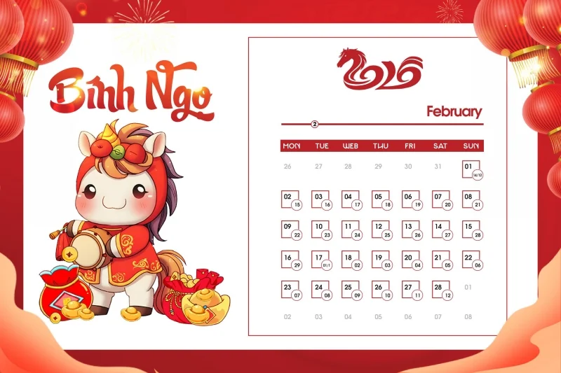 Tải ngay bộ số lịch 2026 vector ngựa dễ thương - Tháng 2