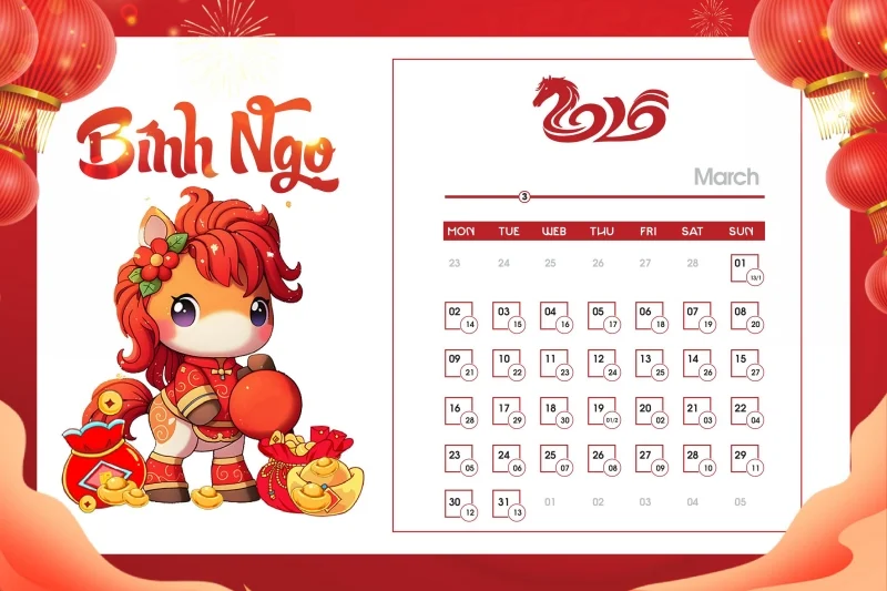 Tải ngay bộ số lịch 2026 vector ngựa dễ thương - Tháng 3