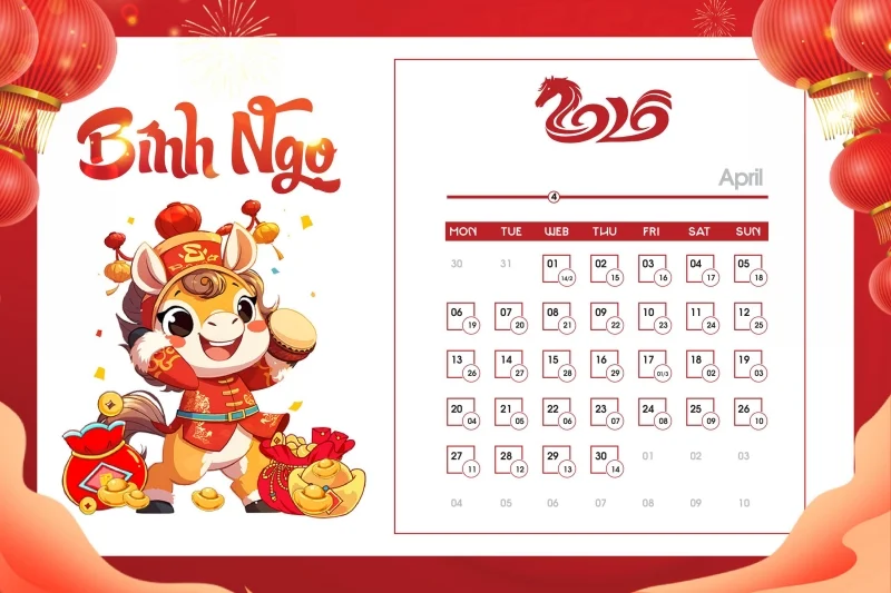 Tải ngay bộ số lịch 2026 vector ngựa dễ thương - Tháng 4
