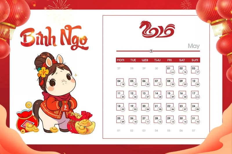 Tải ngay bộ số lịch 2026 vector ngựa dễ thương - Tháng 5
