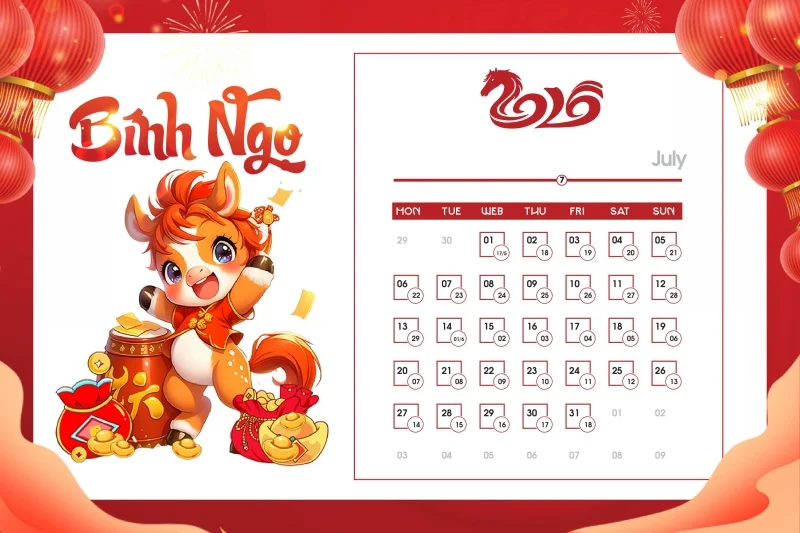 Tải ngay bộ số lịch 2026 vector ngựa dễ thương - Tháng 7