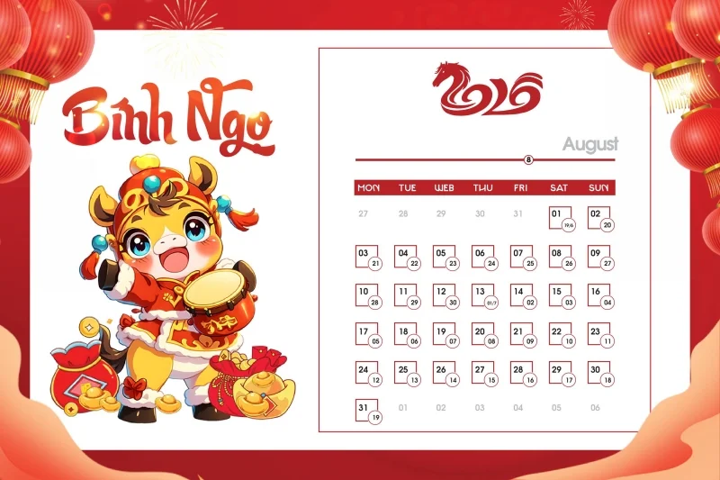 Tải ngay bộ số lịch 2026 vector ngựa dễ thương - Tháng 8