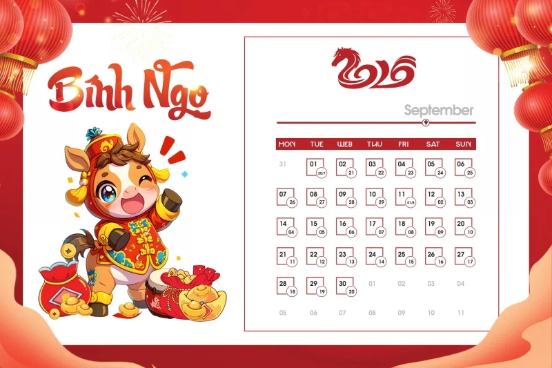Tải ngay bộ số lịch 2026 vector ngựa dễ thương - Tháng 9