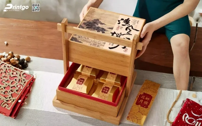 Mẫu hộp quà tết bằng gỗ 2 tầng sang trọng