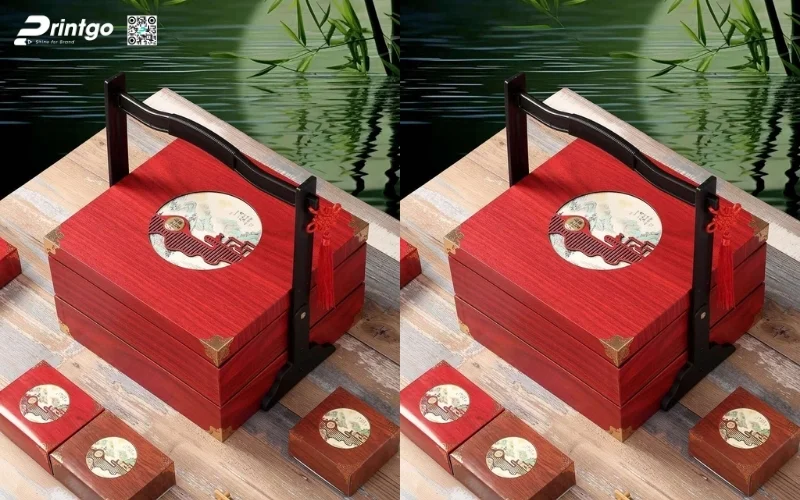 Mẫu hộp quà tết bằng gỗ 2 tầng sang trọng