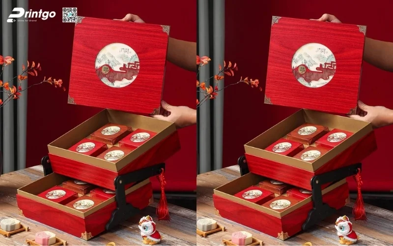 Mẫu hộp quà tết bằng gỗ 2 tầng sang trọng
