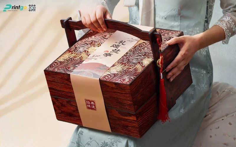 Mẫu hộp quà tết bằng gỗ 2 tầng sang trọng