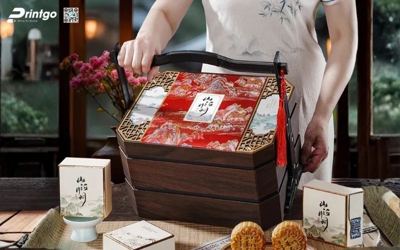 Mẫu hộp quà tết bằng gỗ 2 tầng sang trọng