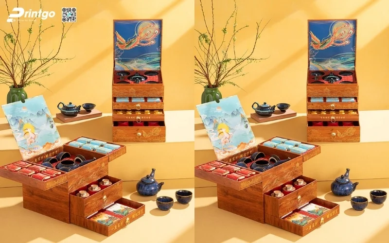 Mẫu hộp quà tết bằng gỗ 2 tầng sang trọng