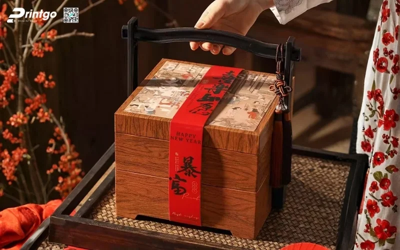 Mẫu hộp quà tết bằng gỗ 2 tầng sang trọng