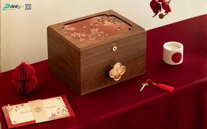 Mẫu hộp quà tết bằng gỗ 2 tầng sang trọng
