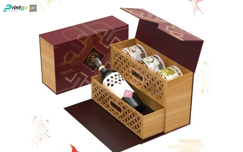 Mẫu hộp quà tết bằng gỗ 2 tầng sang trọng